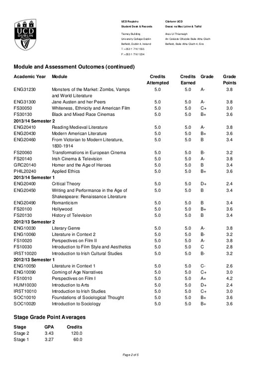 Notenübersicht (IRL) Academic Transcript