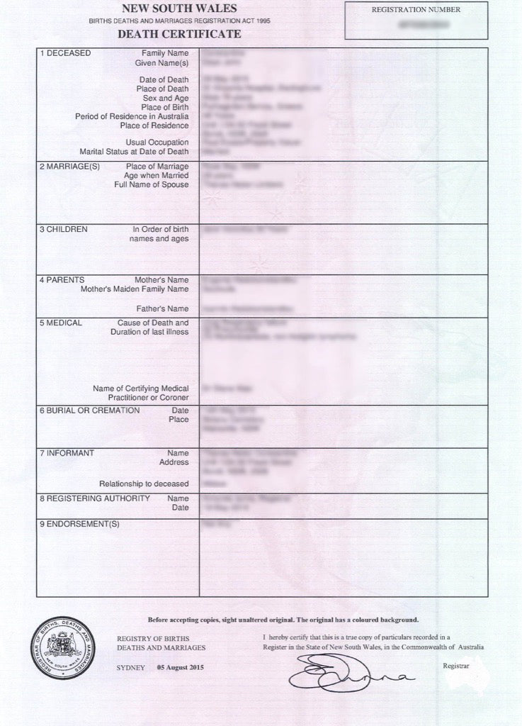Sterbeurkunde (AUS) Death Certificate