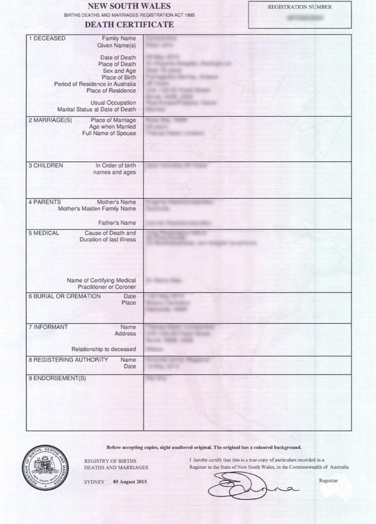Sterbeurkunde (AUS) Death Certificate