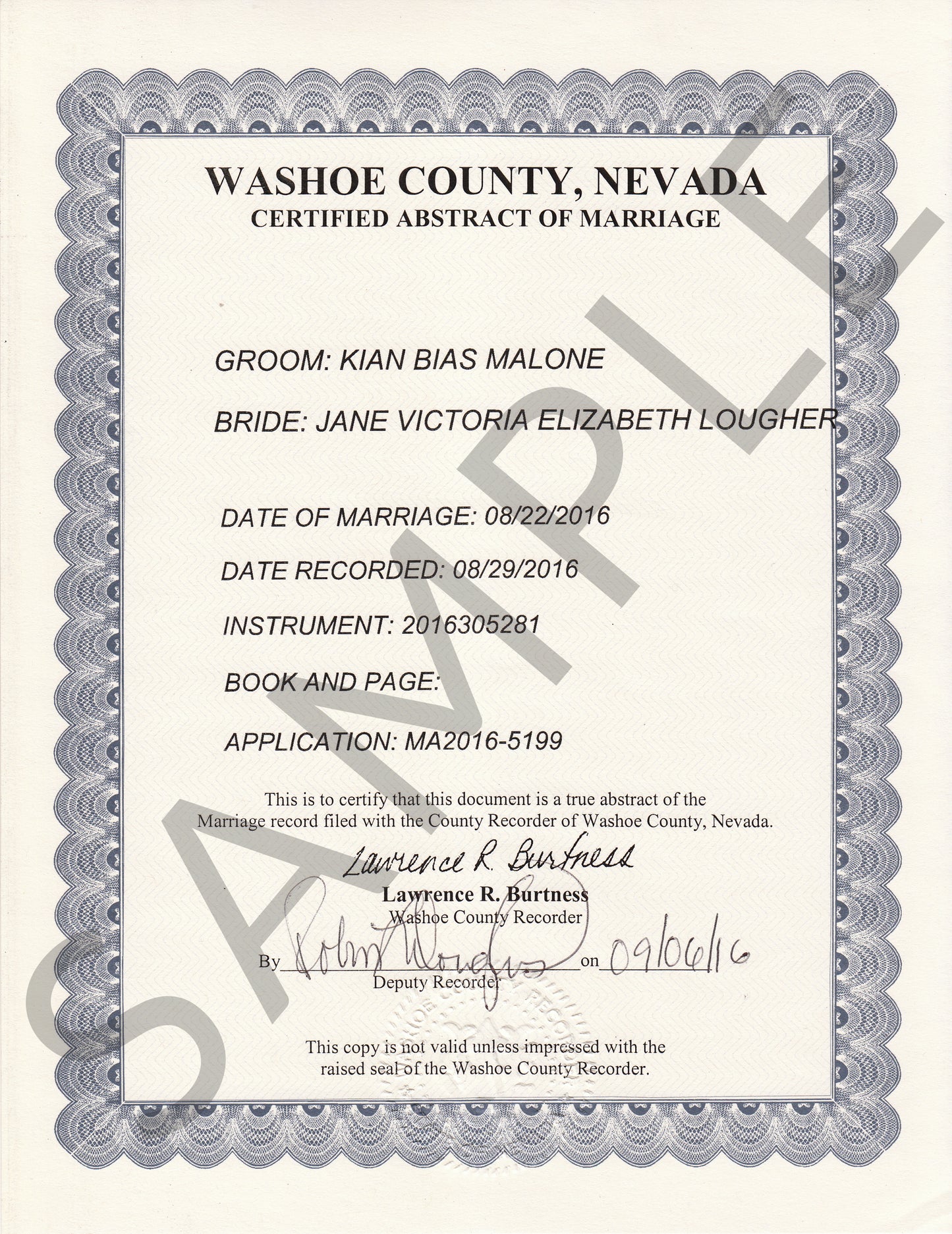 Marriage Registry Extract (USA) Certified Abstract of a Certificate of Marriage