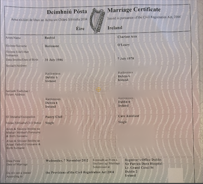 Marriage Certificate (IRL)